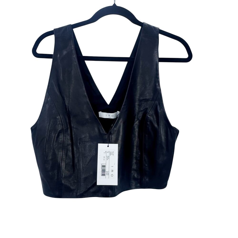 IRO Lamb Leather V-Neck Cropped Top Sleeveless Black US Size 10/ 42 NWT - Picture 7 of 12